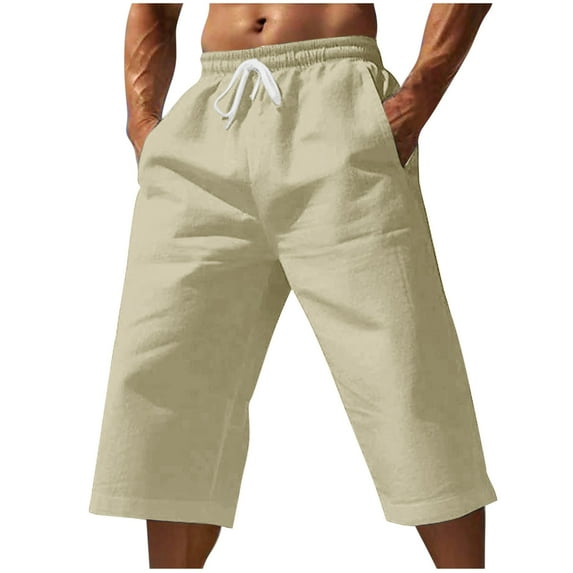 HAOTAGS Men's Casual Pants, Straight Leg 7/8 Summer Solid Pocket Rope Capris Shorts Beige XL