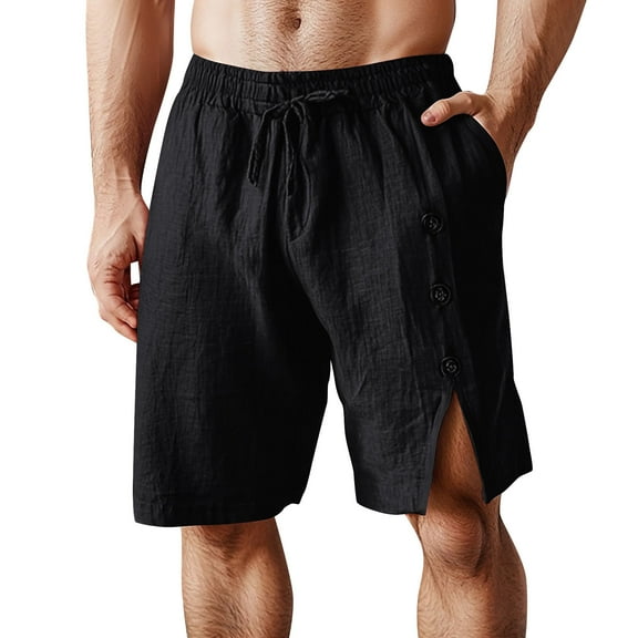 HAOTAGS Men's Casual Shorts, Elastic Waist Pockets Side Button Breathable Lounge Shorts Black L