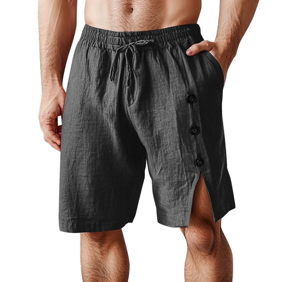 HAOTAGS Men's Casual Shorts, Side Button Elastic Waist Pockets Breathable Lounge Shorts Dark Gray M