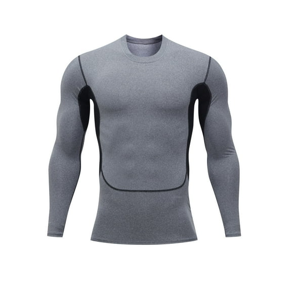 HAOTAGS Men's Compression Shirts Long Sleeve Color Block Athletic Workout Tops Active Sports Baselayers Gray Size L