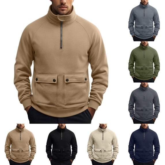 HAOTAGS Men's Half-Zip Sweatshirt Stand Collar Pullover with Utility Pockets for Sports and Casual Wear Army Green Size XL