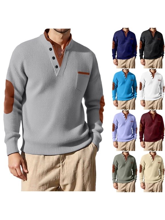 Men's Knitted Sweatshirts, Casual Long Sleeve Buttoned Pullover Top with Elbow Patch Spring Fall Blouse Top Purple 2XL