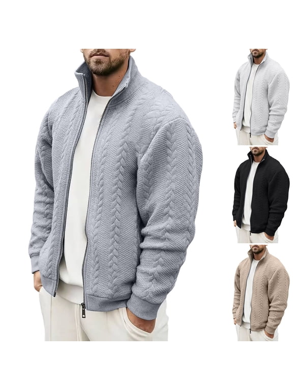 Men’s Long-Sleeve Zip-Up Jacket Stand-Up Collar Jacquard Fabric Smart Casual Fall/Winter Outerwear Khaki Size XL