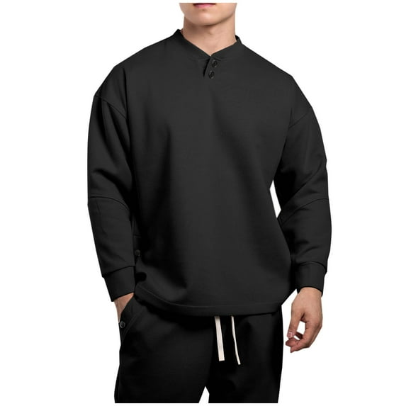 HAOTAGS Men's Pullover Sweatshirts with Button Long Sleeve Cotton Sweatshirt Top Black Size XL