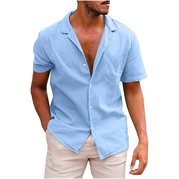 HAOTAGS Men's Short Sleeve Shirt Linen Beach Casual Shirt Sky Blue Size S