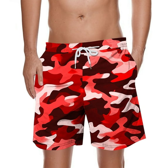 HAOTAGS Men's Shorts, Drawstring Adjustable Summer Graphic Multi Pocket Beach Shorts Red L