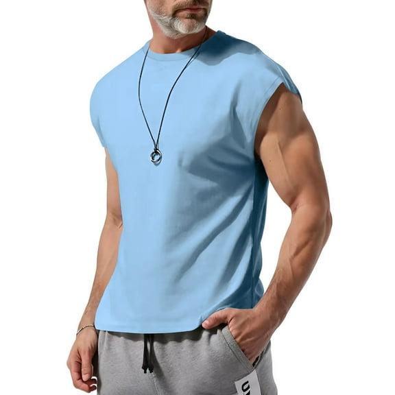 HAOTAGS Men's Sleeveless Muscle Tank Tops Solid Color Casual Crew Neck Summer Tshirts Light Blue Size M