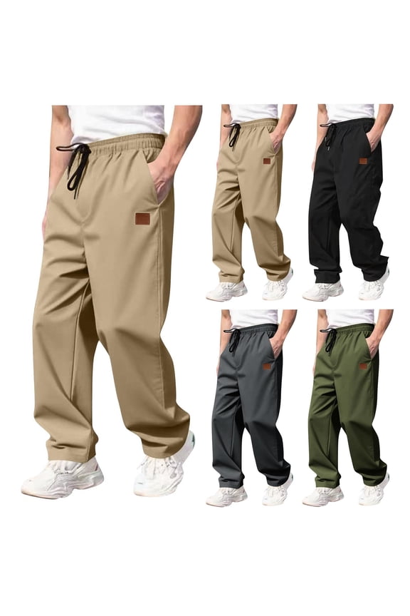 Men's Solid Color Pants with Pockets, Elastic Waist Outwear Drawstring Casual Pants Khaki M