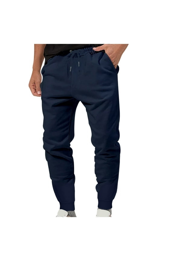 Men's Sports Pants, Drawstring Solid Color Cuffed Ankles Leisure Trousers Navy S