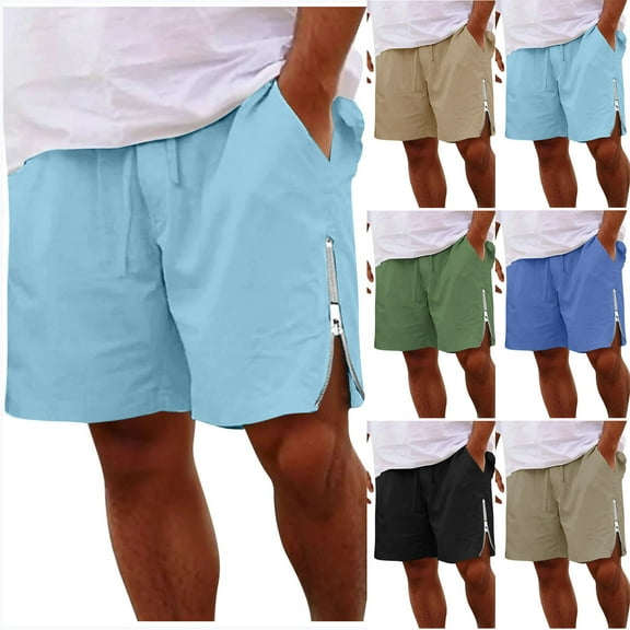HAOTAGS Men's Summer Shorts, Elastic Waist Drawstring Pockets Side Zippered Casual Shorts Light Blue 2XL