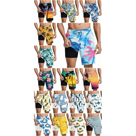 HAOTAGS Men's Summer Shorts, Hawaiian with Elastic Waist Printed Tropical Beach Shorts Light Blue 3XL