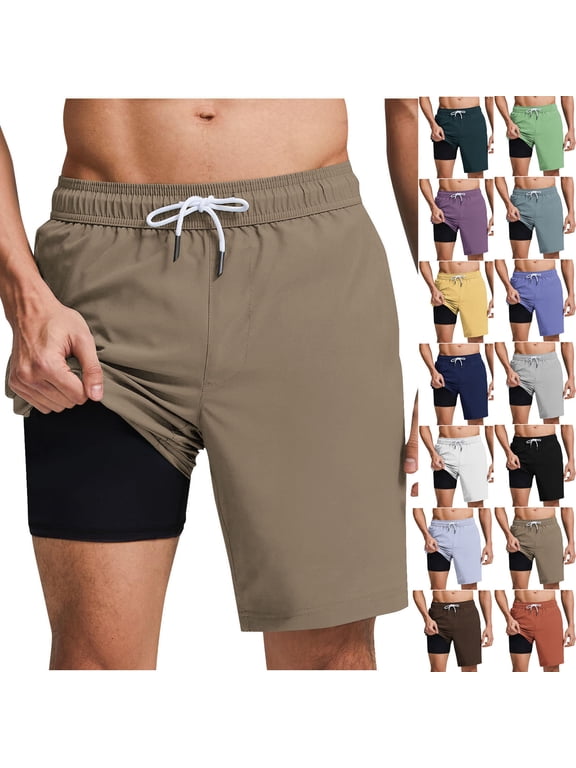 Men's Swim Trunks with Compression Liner, Quick-Dry Drawstring Waist Beach Board Shorts with Pockets White Size 2XL