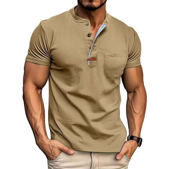 HAOTAGS Men's Vintage Button Collar Shirts Summer Pullover Tops Casual Outdoor Short Sleeve T Shirt Khaki Size L