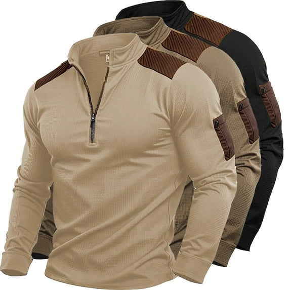 HAOTAGS Men's Vintage Knitted Sweatshirts, Stand Up Collar Quarter Zip Pullover Top with Elbow Patch Khaki L