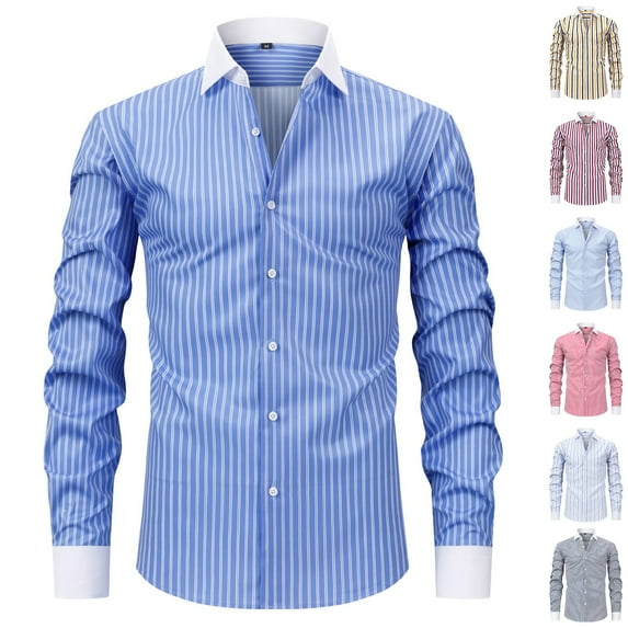 HAOTAGS Mens Business Dress Shirts, Long Sleeve Button Down Shirts Casual Striped No Iron Blouse Top Yellow S