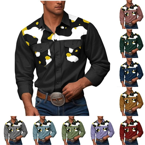 HAOTAGS Mens Button Down Shirts, Printed Long Sleeve Cowboy Dress Shirts Casual Work Shirts Gray L