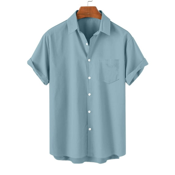 HAOTAGS Mens Button Down Shirts Solid Color Turndown Collar Short Sleeve Shirts for Summer Sky Blue Size 5XL