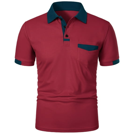 HAOTAGS Mens Casual Business Polo Shirts Solid Color Short Sleeve Summer Shirts Wine Size XL