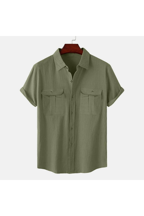 Mens Casual Turndown Collar T Shirts with Front Pockets Button Lapel Short Sleeve Blouse Top Army Green Size L
