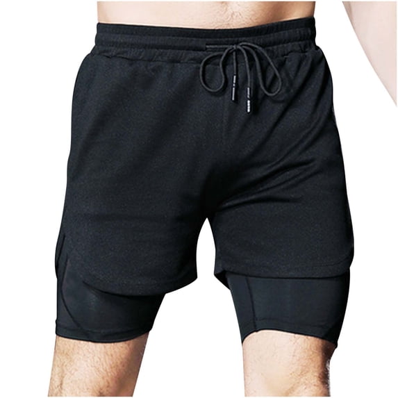 HAOTAGS Mens Double-layer Fitness Shorts Quick Dry Work Out Sport Shorts Black Size M