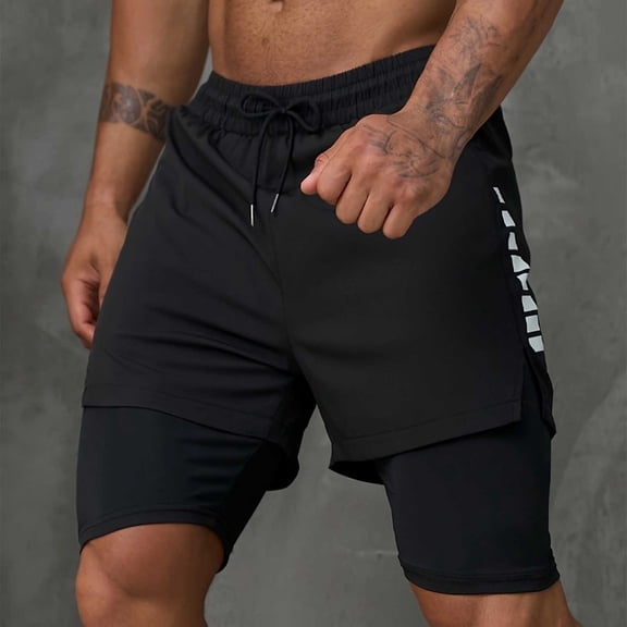 HAOTAGS Mens Double-layer Running Work Out Shorts Black Size M