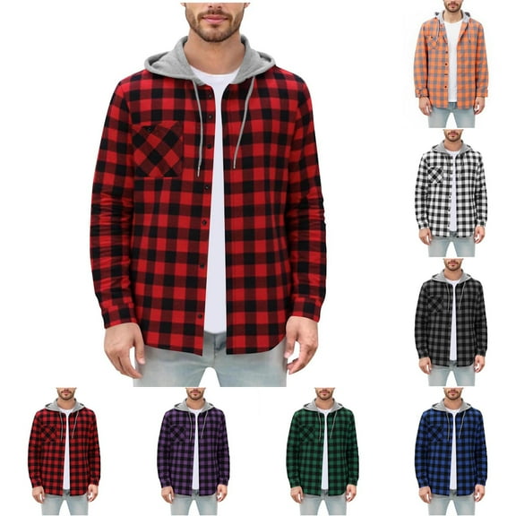 HAOTAGS Mens Flannel Plaid Shirt Spring Fall Casual Hooded Jacket Long Sleeve Button Down Shirts with Pockets Orange Size L