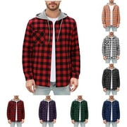 HAOTAGS Mens Flannel Plaid Shirt Spring Fall Casual Hooded Jacket Long Sleeve Button Down Shirts with Pockets Red Size L