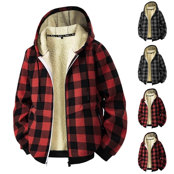HAOTAGS Mens Fleece Lined Plaid Jacket, Long Sleeve Hooded Coat Cotton Fall Winter Warm Outwear for Men Red S