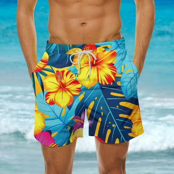 HAOTAGS Mens Hawaiian Beach Shorts Graphic Print Drawstring Waist Casual Summer Shorts with Pocket Multicolor Size 3XL