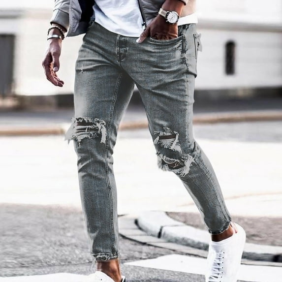 HAOTAGS Mens Jeans Pants, Pocketed Ripped Button - Zipper Full Long Pants Blue L