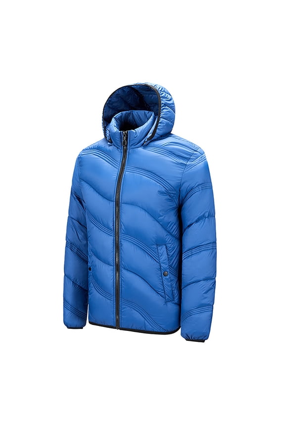 Mens Lightweight Quilted Coat Hooded Full Zip Long Sleeve Winter Outwear Blue Size 2XL