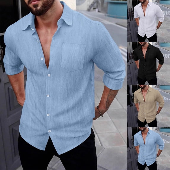 HAOTAGS Mens Linen Shirts, Long Sleeve Button Down Dress Shirts Casual Business Blouse Top Khaki XL