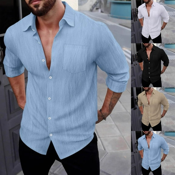 HAOTAGS Mens Linen Shirts, Long Sleeve Button Down Dress Shirts Casual Business Blouse Top Sky Blue 2XL