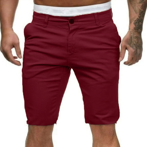 HAOTAGS Mens Shorts Solid Color Casual Workwear Summer Outdoor Shorts with Pockets Wine Size XL