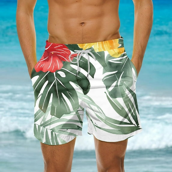 HAOTAGS Mens Summer 2025 Swim Trunks Quick Dry Hawaiian Beach Shorts with Pockets Multicolor Size L