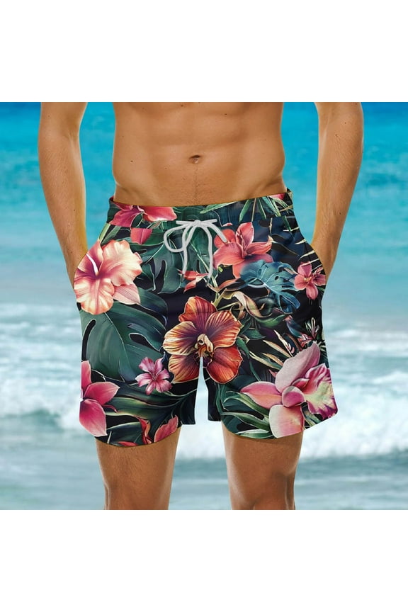 Mens Summer 2025 Swim Trunks Quick Dry Hawaiian Beach Shorts with Pockets Multicolor Size L
