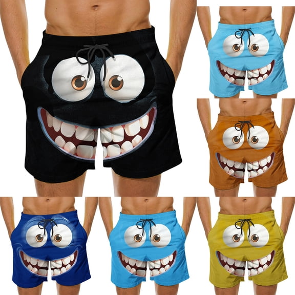 HAOTAGS Mens Swim Trunks Board Shorts Funny 3D Cartoon Face Print, Swimming Trunks Quick Dry Beach Shorts Casual Summer Short Blue Size M