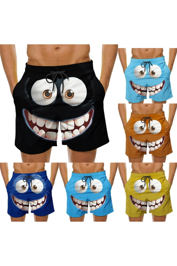 Mens Swim Trunks Board Shorts Funny 3D Cartoon Face Print, Swimming Trunks Quick Dry Beach Shorts Casual Summer Short Blue Size M