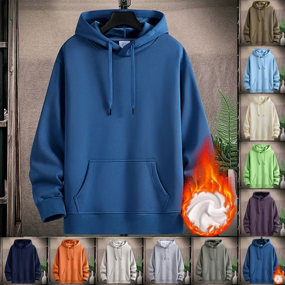 HAOTAGS Mens Thickened Hoodie, Fleece Lined Sweatshirts Long Sleeve Hooded Pullover Top for Fall Winter Light Blue M