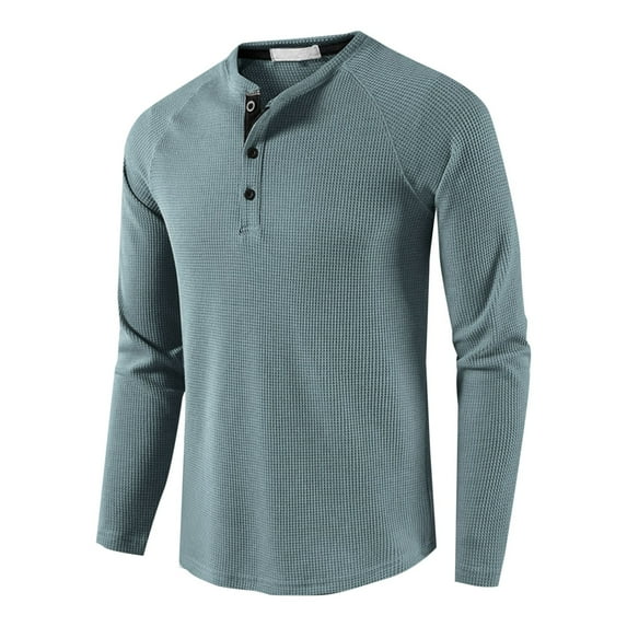 HAOTAGS Mens Waffle Knit Henley Shirts Casual Long Sleeve Buttoned Pullover Top Blue Size M