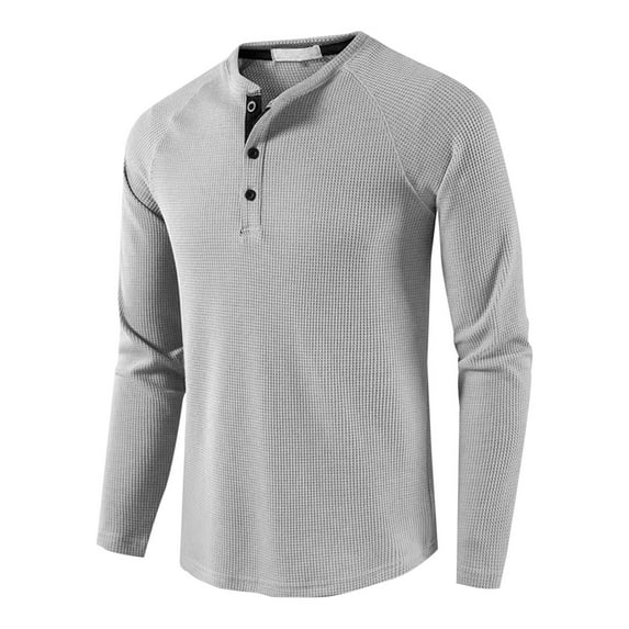 HAOTAGS Mens Waffle Knit Henley Shirts Casual Long Sleeve Buttoned Pullover Top Gray Size L