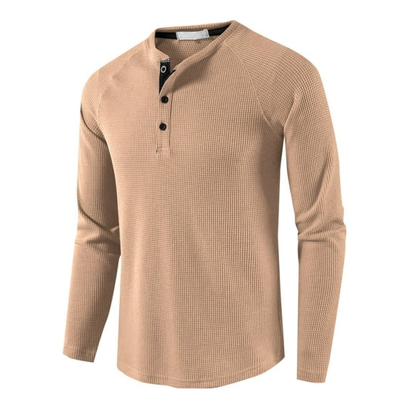 HAOTAGS Mens Waffle Knit Henley Shirts Casual Long Sleeve Buttoned Pullover Top Khaki Size S