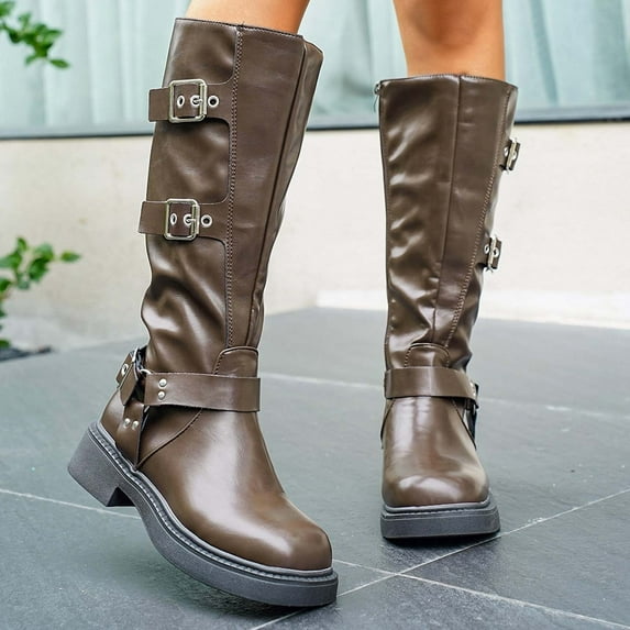 HAOTAGS Mid Calf Boots for Women, Fall Winter Casual Belt Buckle Stylish Leather Boots Coffee 6