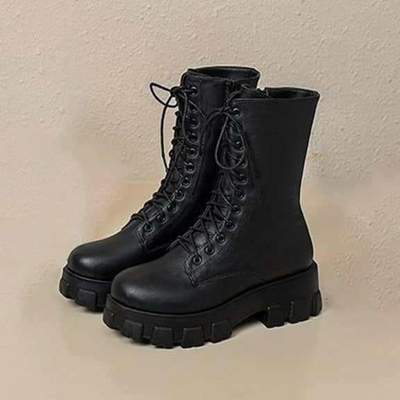 HAOTAGS Mid Calf Boots for Women, Round Toe Thick Heel Casual Lace Up Boots Black 7.5