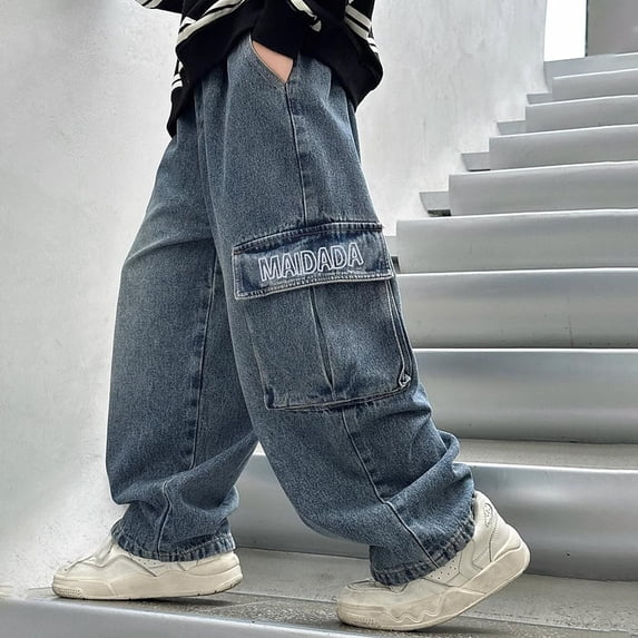 HAOTAGS Jeans for Teens, Casual Wide Leg Demin Pants with Pockets Boy's Clothes Blue 7 Years