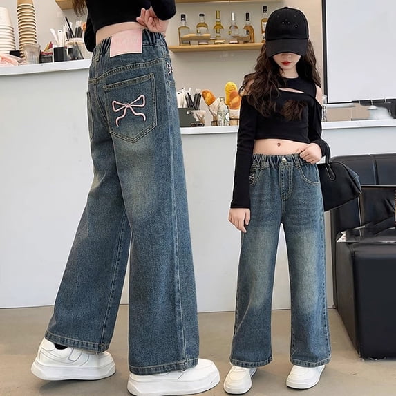 HAOTAGS Mid Waist Jeans for Teens Casual Wide Leg Demin Pants Straight with Pockets Blue 7 Years