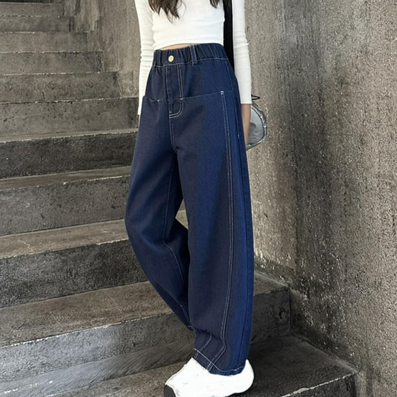 HAOTAGS Mid Waist Jeans for Teens Comfy Wide Leg Cargo Trousers Bootcut Pocket Girl Hop Streetwear Dark Blue 11 Years
