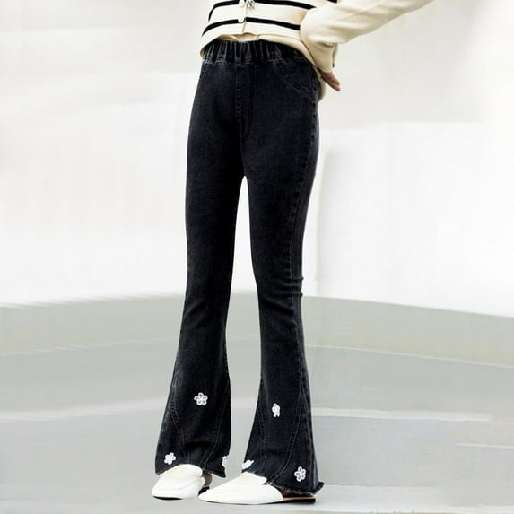 HAOTAGS Mid Waist Long Jeans Kids Comforable Flared Leg Trousers Ripped Distressed with Pockets Girls Clothes Black 11 Years