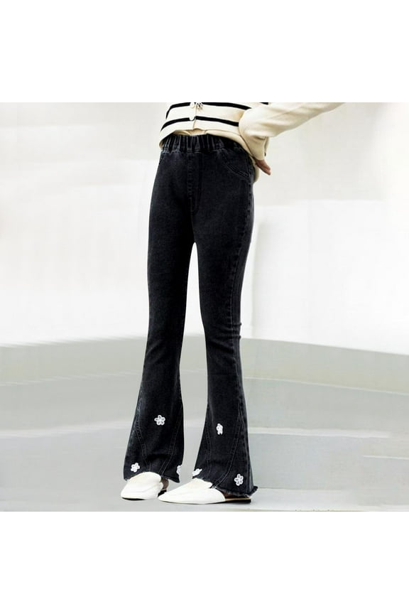 Mid Waist Long Jeans Kids Comforable Flared Leg Trousers Ripped Distressed with Pockets Girls Clothes Black 7 Years