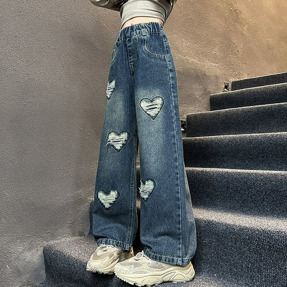 HAOTAGSGirls Jeans, Loose Wide Leg Cargo Demin Pants Stretch Pocket Blue 14 Years